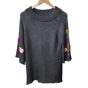 Soft Surroundings Gray Slub Knit Boho Floral Embroidered Sleeve Tunic Sweater S